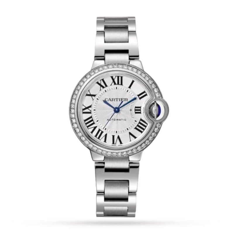 Ballon Bleu de Cartier watch, 33mm, mechanical movement with automatic winding, steel, diamonds