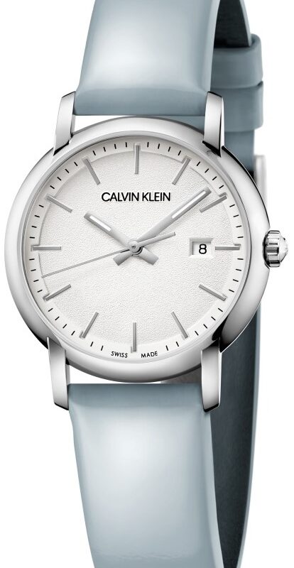 Calvin Klein Established Silver Dial Blue Leather Strap Ladies Watch K9H231V6 32mm
