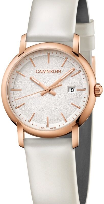 Calvin Klein Established Silver Dial White Leather Strap Ladies Watch K9H236L6 32mm