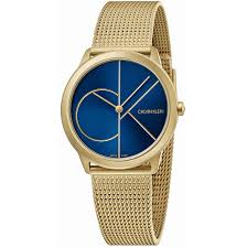 Calvin Klein Minimal Quartz Blue Dial Gold Milanese Stainless Steel Bracelet Ladies Watch K3M5255N