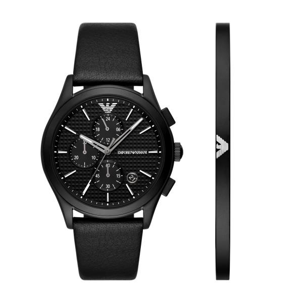 Emporio Armani Chronograph Black Dial Black Leather Strap Men's Watch and Bracelet Gift Set AR80070SET