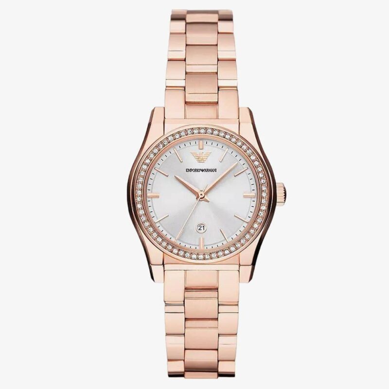 Emporio Armani Ladies Federica Rose Gold Crystal Set Watch AR11558