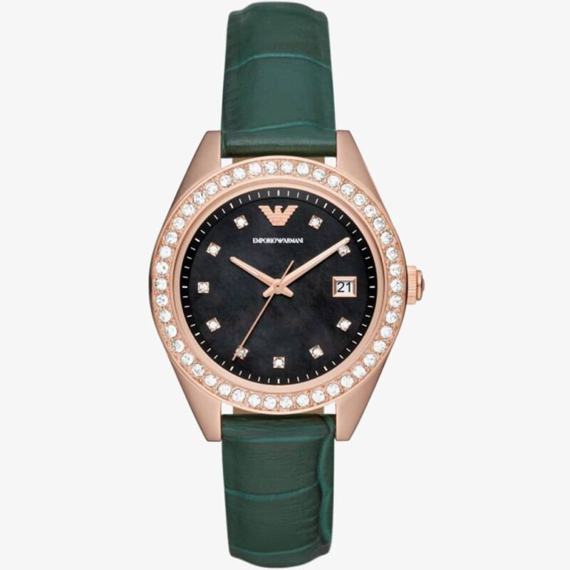 Emporio Armani Ladies Green Strap & Rose Gold Plated Case Watch AR11506