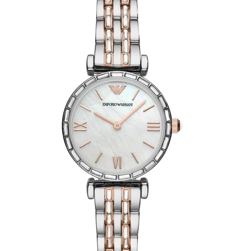 Emporio Armani Ladies Mother Of Pearl Two Tone Crystal Set Bracelet Watch AR11290