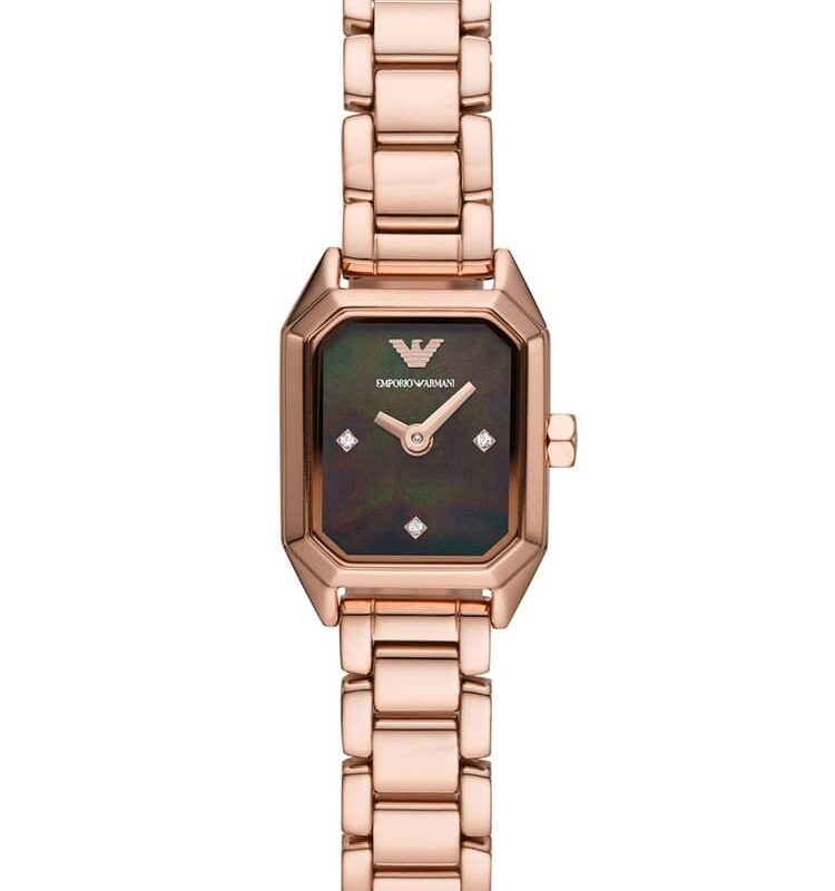 Emporio Armani Ladies Rose Gold Plated Black Mother Of Pearl Octagonal Dial Bracelet Watch AR11247