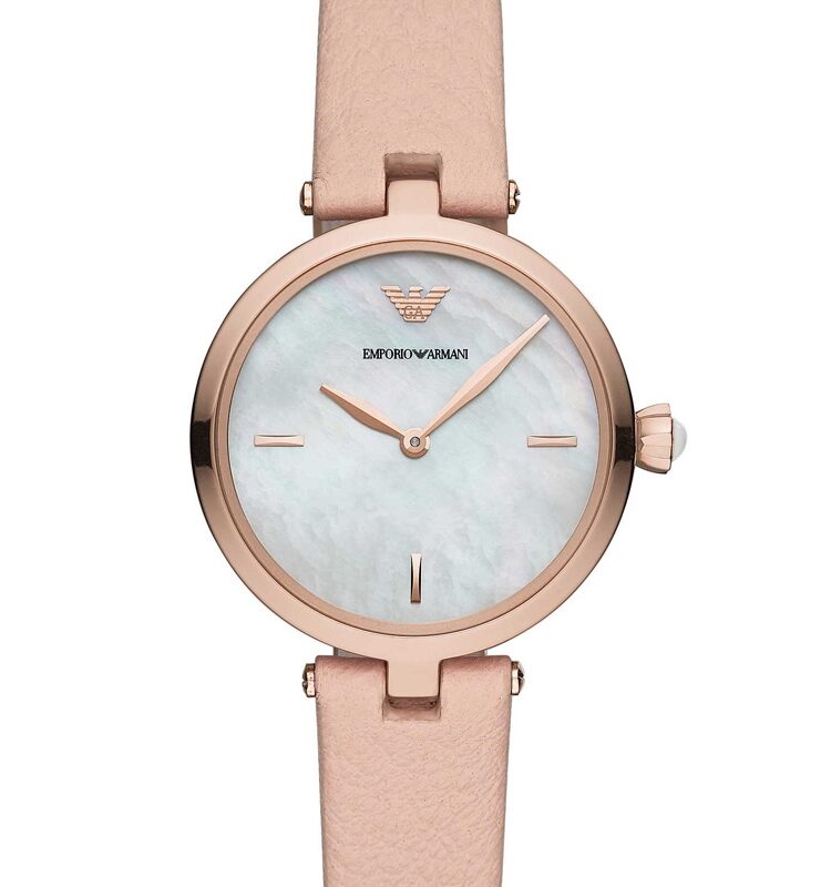 Emporio Armani Ladies Rose Gold Plated Mother Of Pearl Dial Pink Leather Strap Watch AR11199