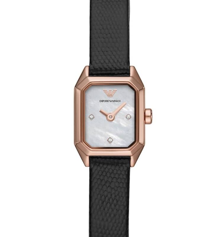 Emporio Armani Ladies Rose Gold Plated Mother Of Pearl Octagonal Dial Black Leather Strap Watch AR11248