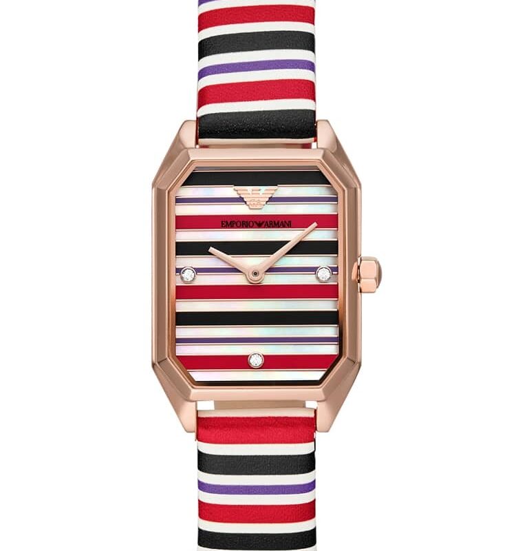 Emporio Armani Ladies Rose Gold Plated Mother Of Pearl Octagonal Dial Stripe Leather Strap Watch AR11301