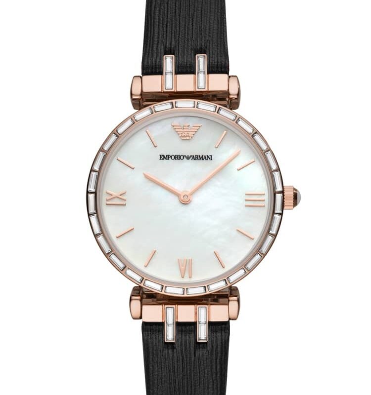 Emporio Armani Ladies T-Bar Rose Gold Plated Mother Of Pearl Dial Black Leather Strap Watch AR11295