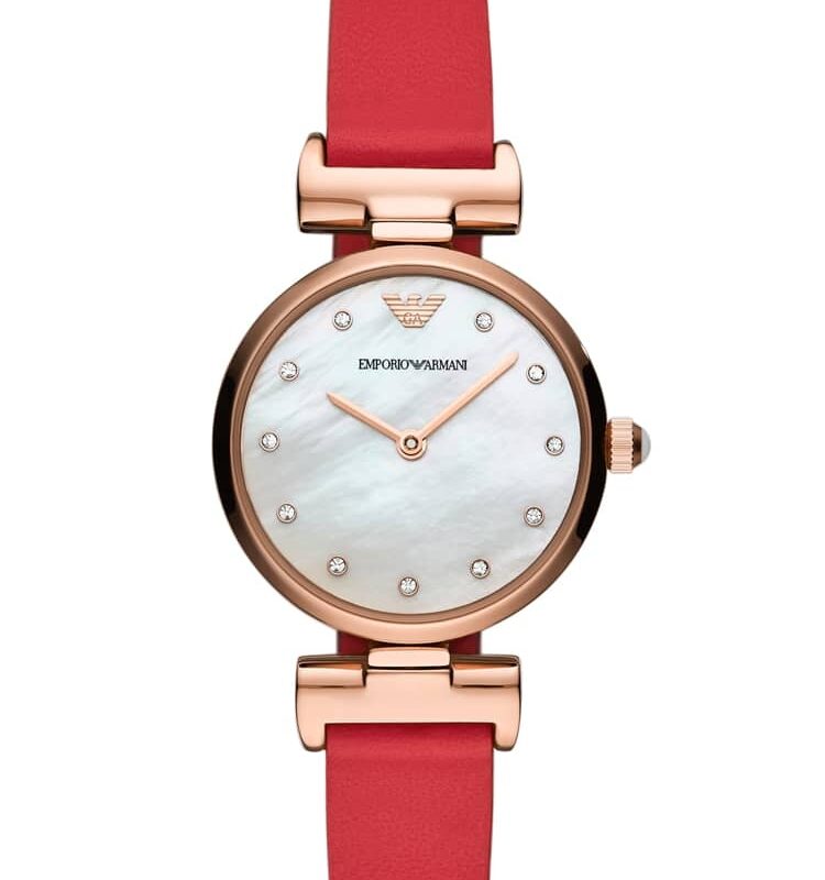 Emporio Armani Ladies T-Bar Rose Gold Plated Mother Of Pearl Dial Red Reversible Strap Watch AR11291