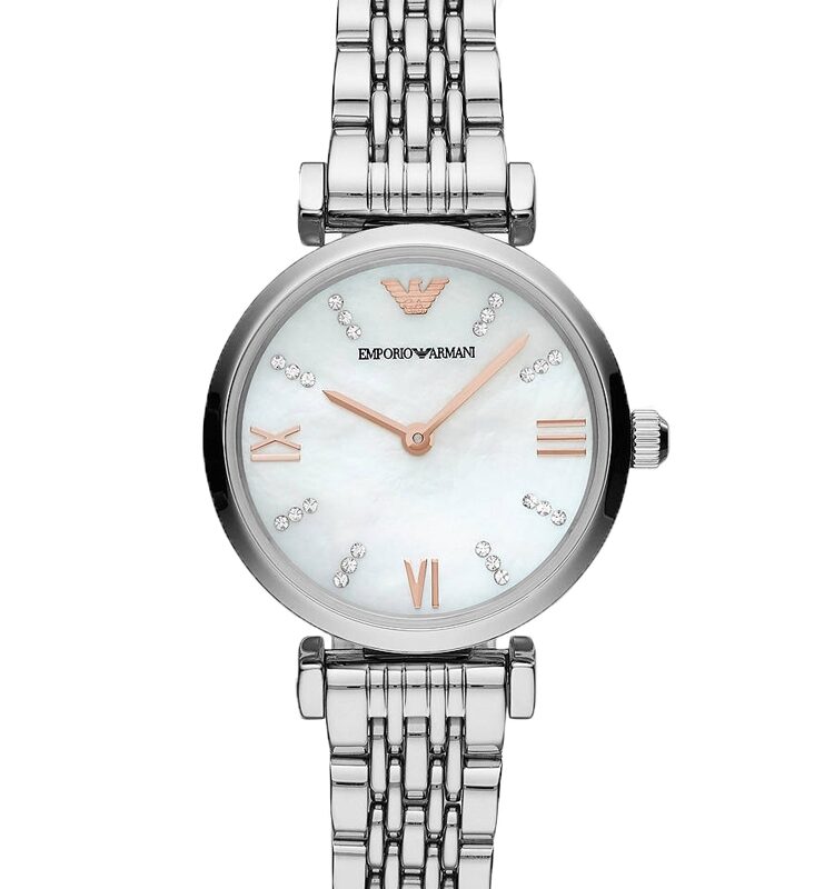 Emporio Armani Ladies T-Bar Stainless Steel Mother Of Pearl Stone Set Dial Bracelet Watch AR11204