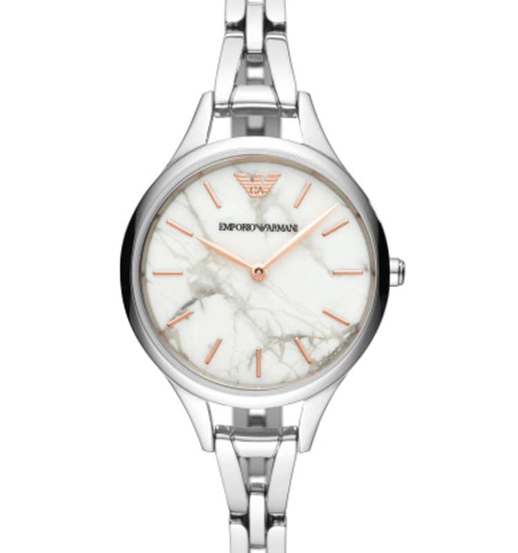 Emporio Armani Ladies White Marble Dial Narrow Bracelet Watch AR11167