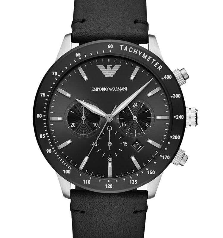 Emporio Armani Mens Black Chronograph Dial Black Leather Strap Watch AR11243