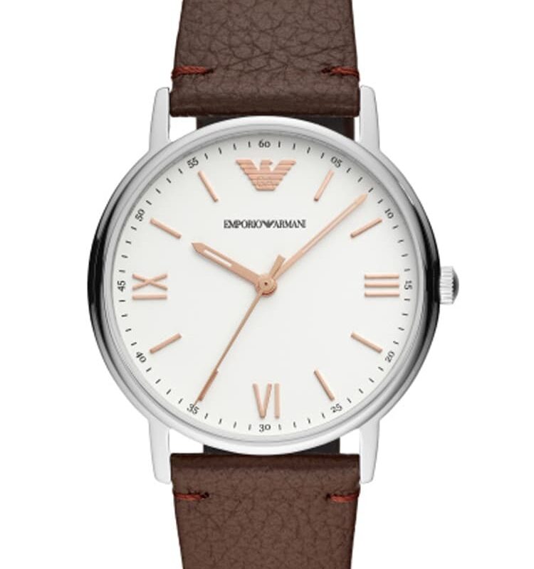 Emporio Armani Mens White Dial Brown Leather Strap Watch AR11173