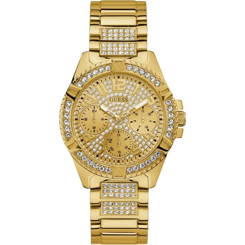 GUESS Ladies gold watch with crystals and glitz dial.