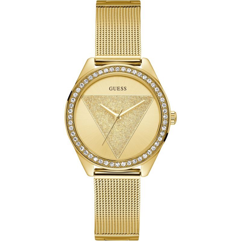 GUESS Ladies gold watch with gold glitz logo dial.
