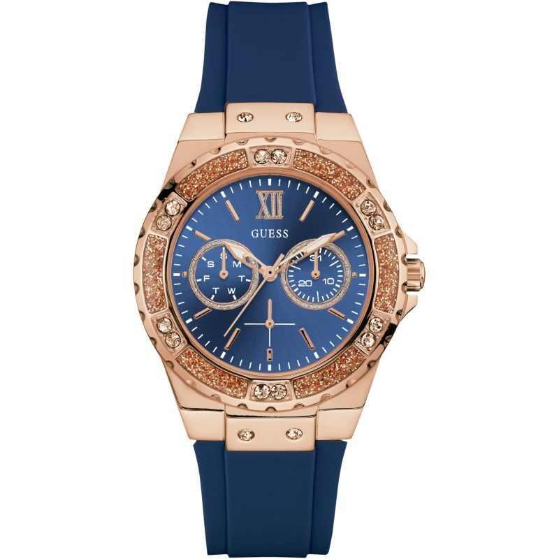 GUESS Ladies rose gold watch with blue dial & silicone strap