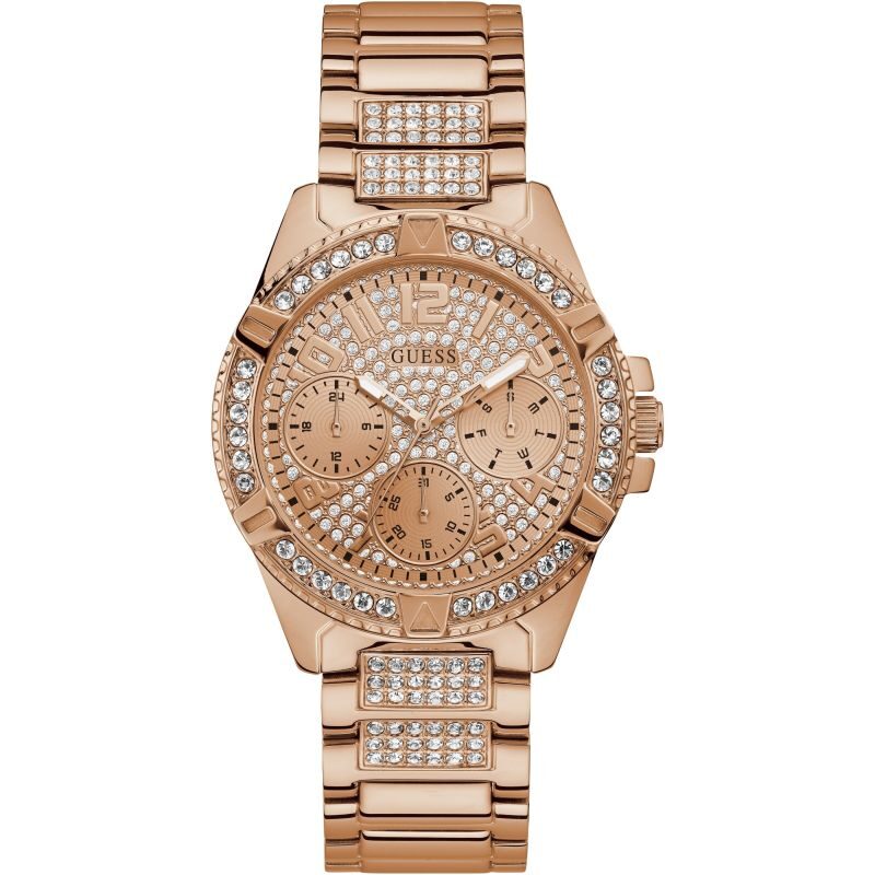 GUESS Ladies rose gold watch with crystals and glitz dial.