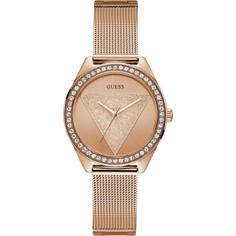GUESS Ladies rose gold watch with rose gold glitz logo dial.