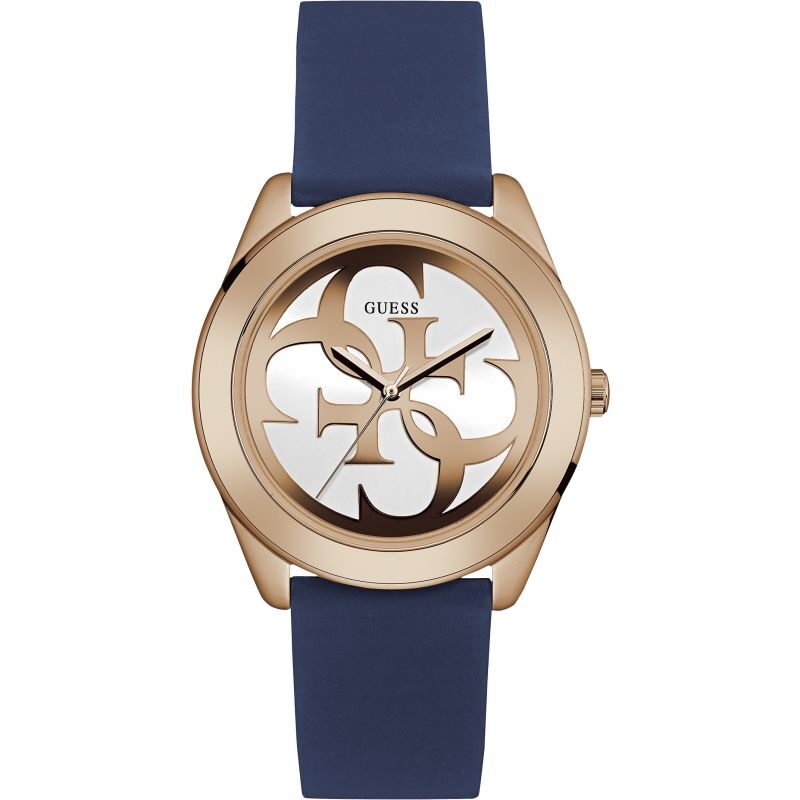 GUESS Ladies rose gold watch with white logo dial and blue silicone strap.
