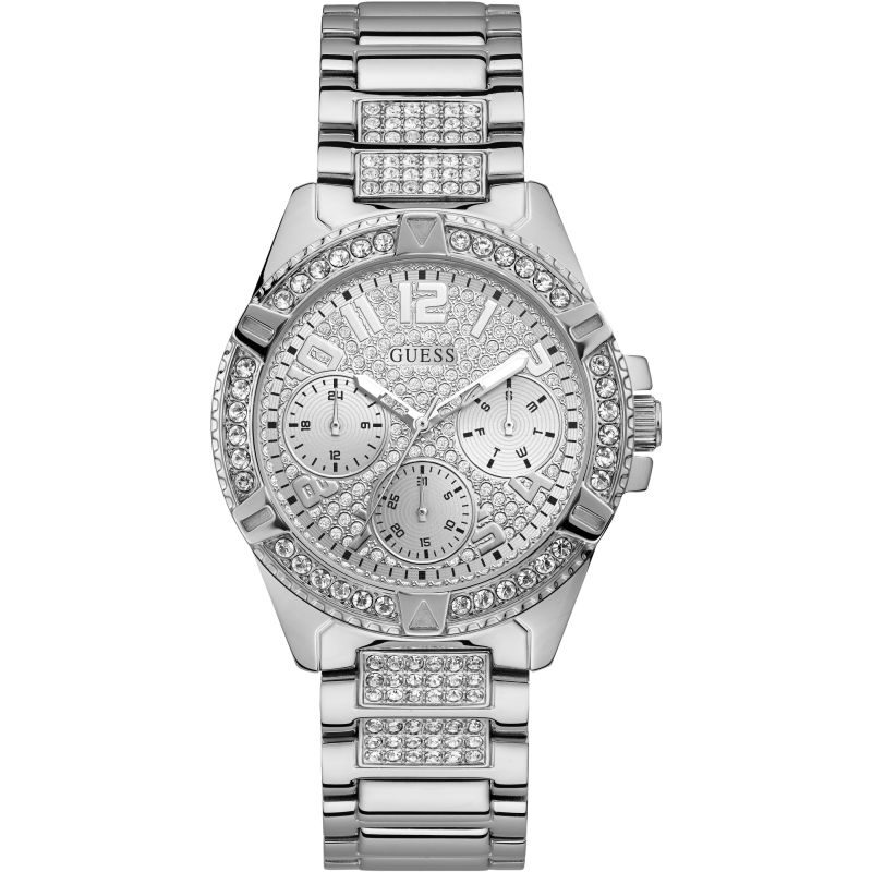 GUESS Ladies silver watch with crystals and glitz dial.