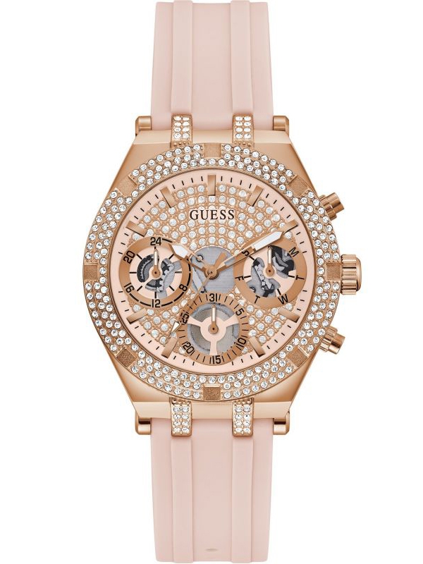 Guess Ladies Heiress Rose Gold Pink Rubber Strap Watch GW0407L3