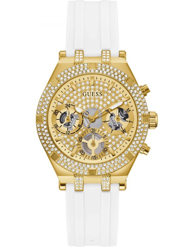 Guess Ladies Hieress Gold Plated White Rubber Chronograph Watch GW0407L2