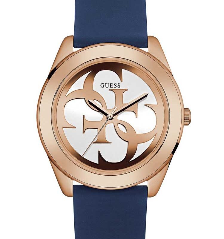 Guess Ladies Rose Gold Plated Blue Rubber Strap Watch W0911L6