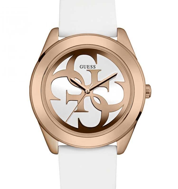 Guess Ladies Rose Gold Plated White Rubber Strap Watch W0911L5