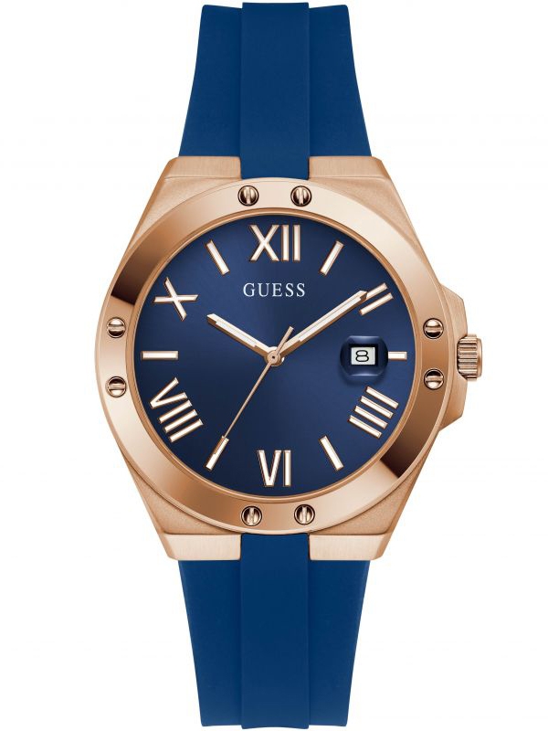 Guess Mens Perspective Rose Gold Plated Blue Rubber Strap Watch GW0388G3