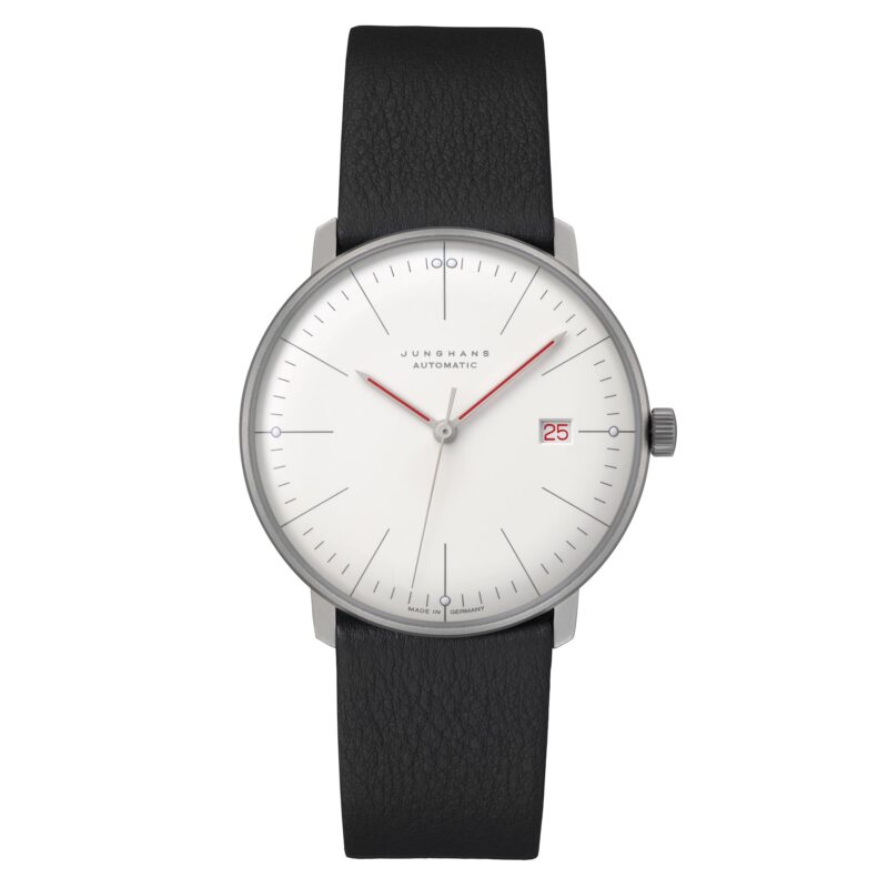 Junghans Max Bill Automatic Bauhaus White Dial Black Leather Strap Men's Watch 27/4009.02