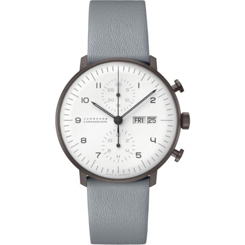 Junghans Max Bill Chronoscope Automatic White Dial Grey Leather Strap Men's Watch 027/4008.05