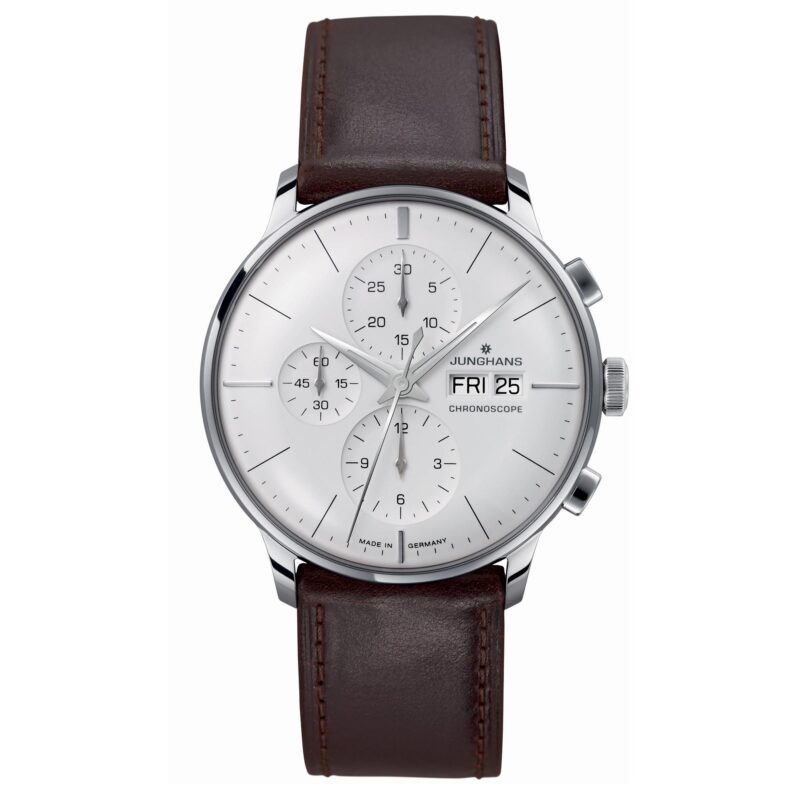 Junghans Meister Chronoscope 027/4120.01 Mechanical Hand Wind Silver Dial Leather Strap Men's Watch