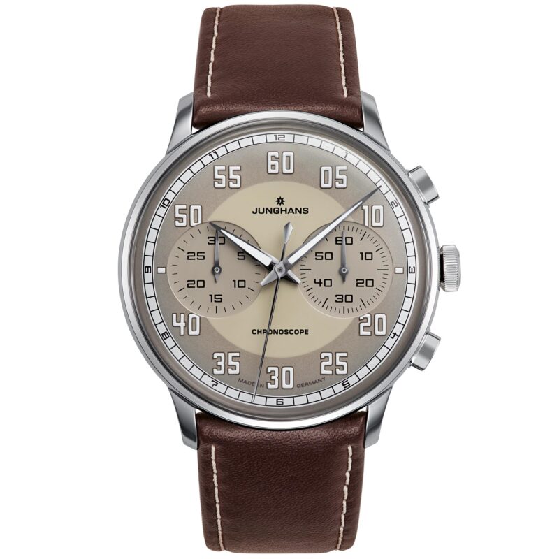 Junghans Meister Driver Chronoscope Automatic 027/3684.00 Brown Leather Strap Grey Dial Men's Watch