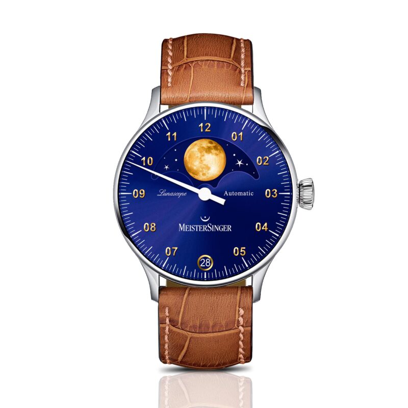 MeisterSinger Lunascope Automatic Blue Dial Brown Leather Strap Men's Watch LS908G