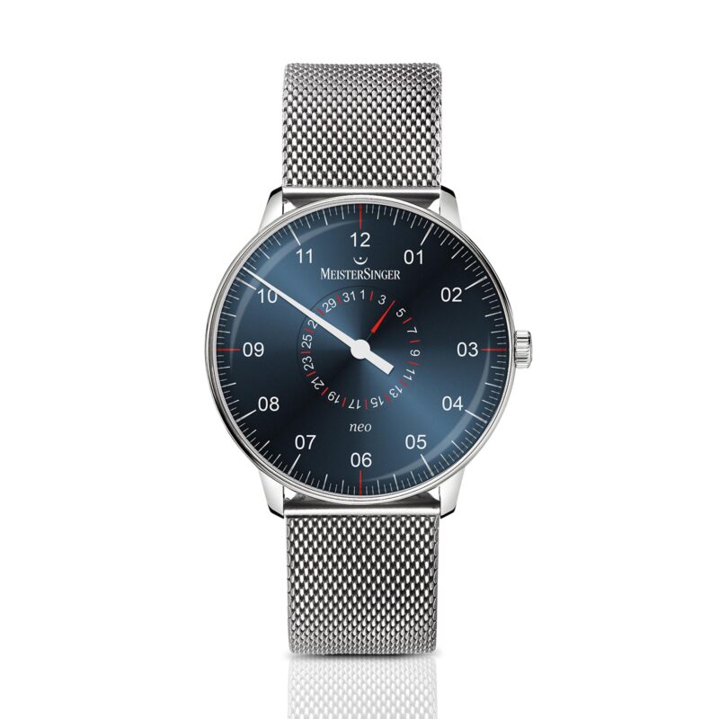 MeisterSinger Neo Plus Pointer Date NED417 Automatic Blue Dial Silver Milanese Bracelet Men's Watch