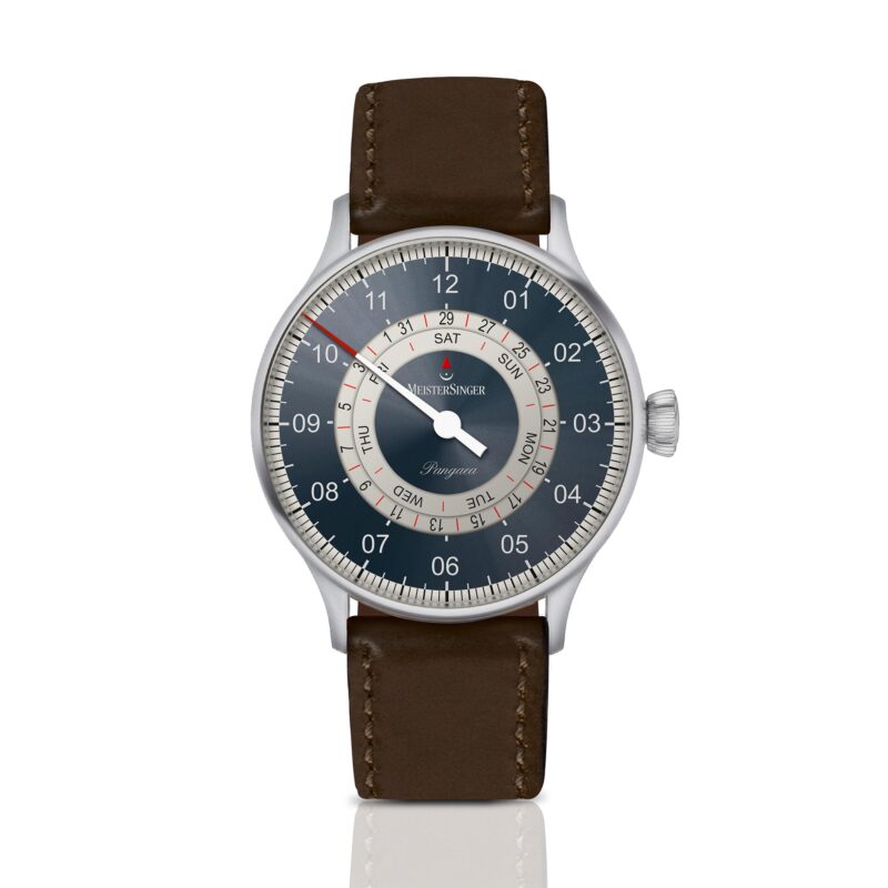MeisterSinger Pangaea Day Date PDD9Z17S Automatic Blue Dial Brown Leather Strap Men's Watch
