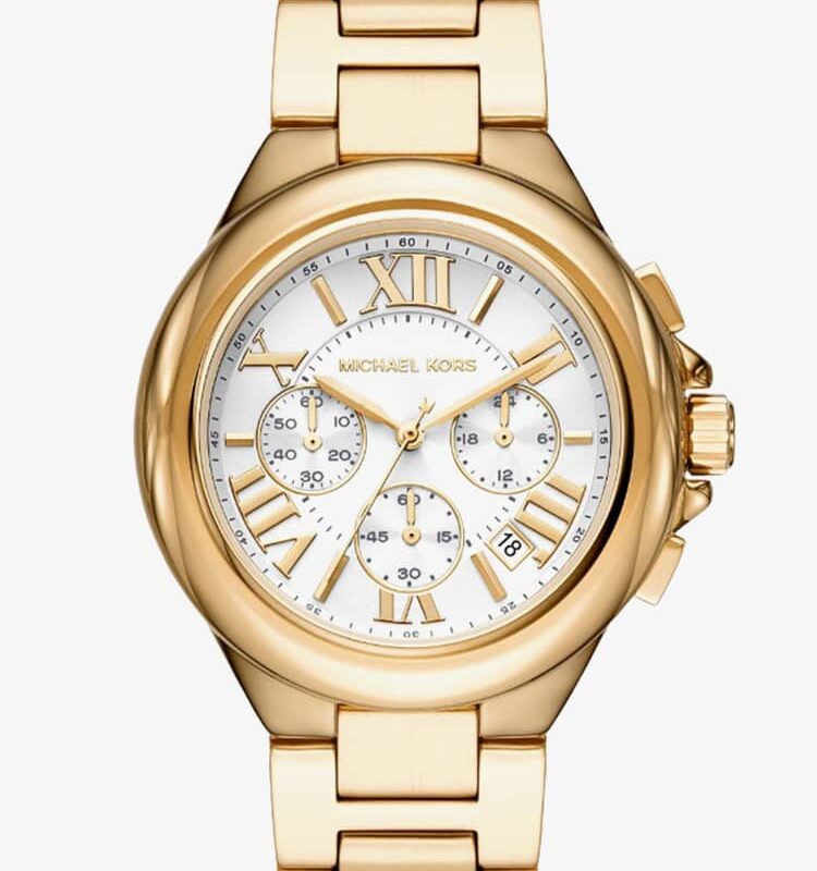 Michael Kors Ladies Camille 43mm Gold Plated White Dial Chronograph Watch MK7270