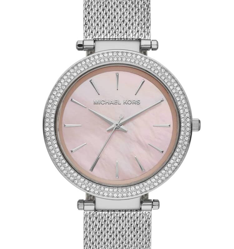 Michael Kors Ladies Darci Stainless Steel Pink Mother Of Pearl Dial Crystal Set Bezel Mesh Strap Watch MK4518