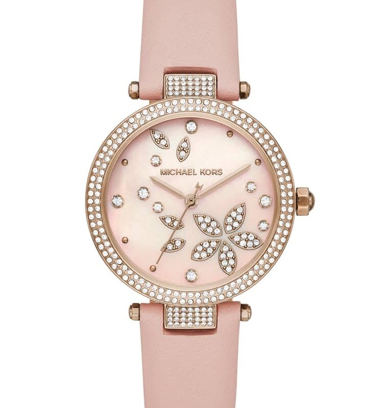 Michael Kors Ladies Parker Rose Gold Plated Crystal Set Dial Pink Leather Strap Watch MK6808