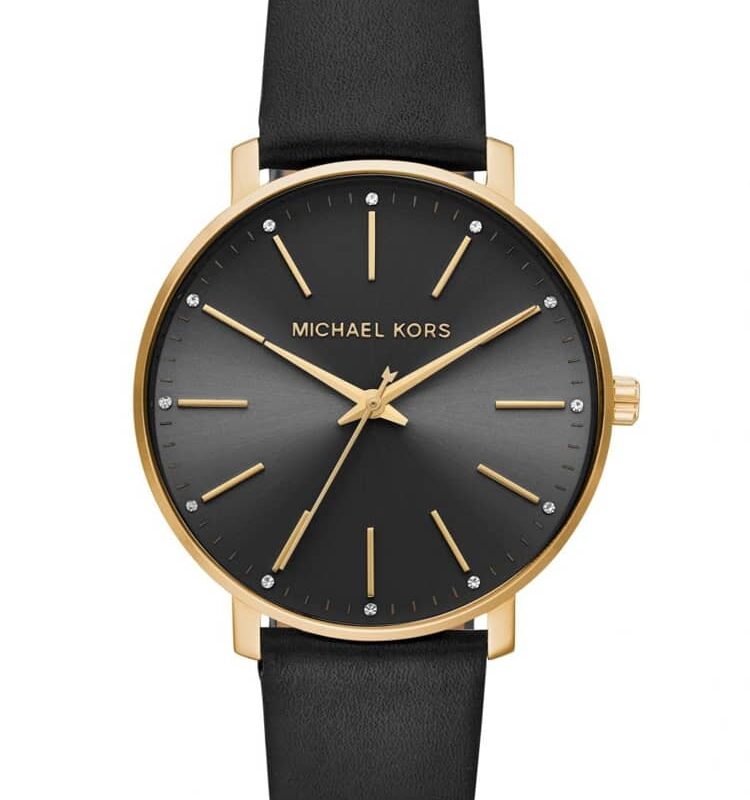 Michael Kors Ladies Pyper Gold Plated Crystal Set Black Dial Leather Strap Watch MK2747