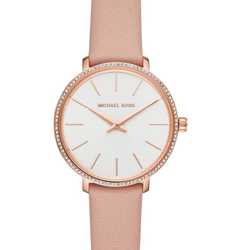 Michael Kors Ladies Pyper Rose Gold Plated White Dial Pink Leather Strap Watch MK2803