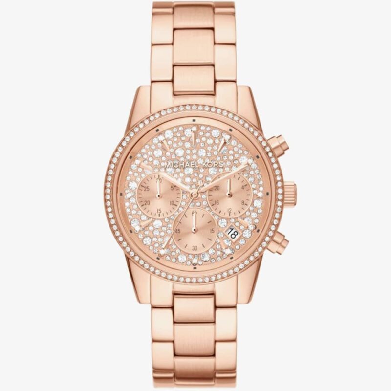 Michael Kors Ladies Rits Rose Gold Plated Chronograph Watch MK7302