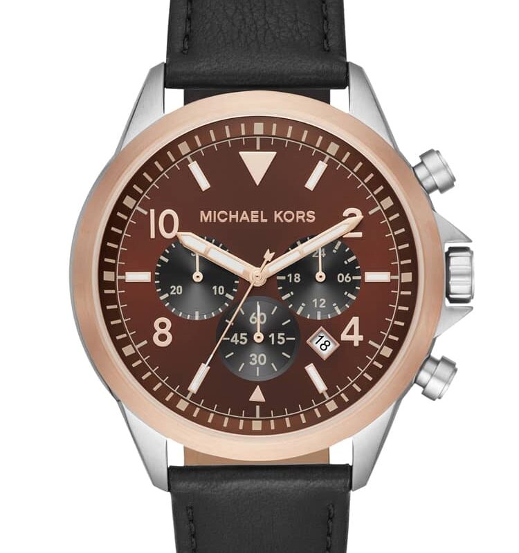Michael Kors Mens Gage Rose Gold Plated Two Tone Brown Chronograph Dial Black Leather Strap Watch MK8786