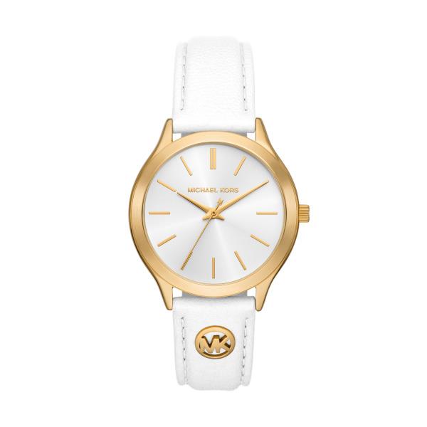 Michael Kors Slim Runway White Leather Strap Gold-Tone Case Ladies Watch MK7466