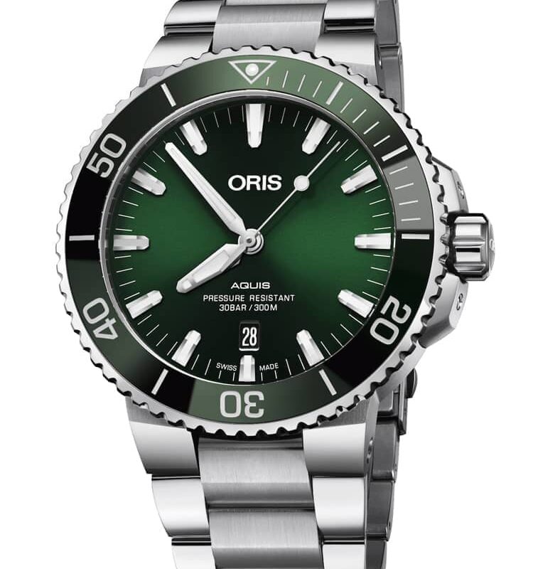 Oris Mens Aquis Date Green Automatic Bracelet Watch 733 7730 4157-07 MB