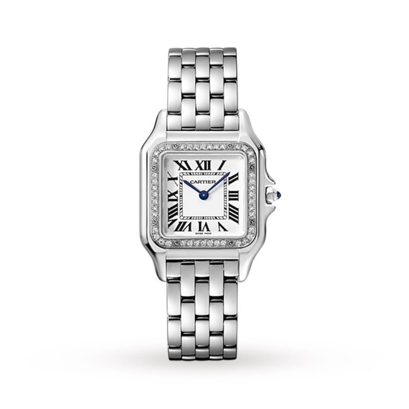 Panthère De Cartier Watch Medium Model, Quartz Movement, Steel, Diamonds