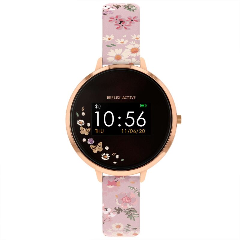 Reflex Active Bluetooth Black Dial Pink Floral Strap Rose Gold Bracelet Ladies Smartwatch RA03-2058