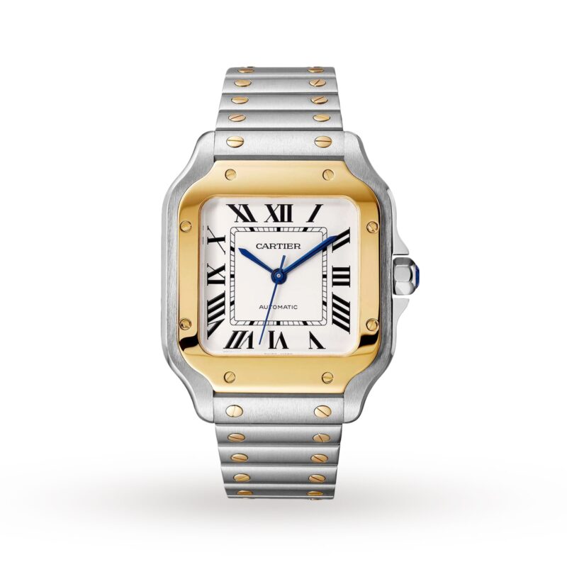 Santos De Cartier Watch Medium Model, Automatic Movement, Yellow Gold, Steel, Interchangeable Metal And Leather Bracelets