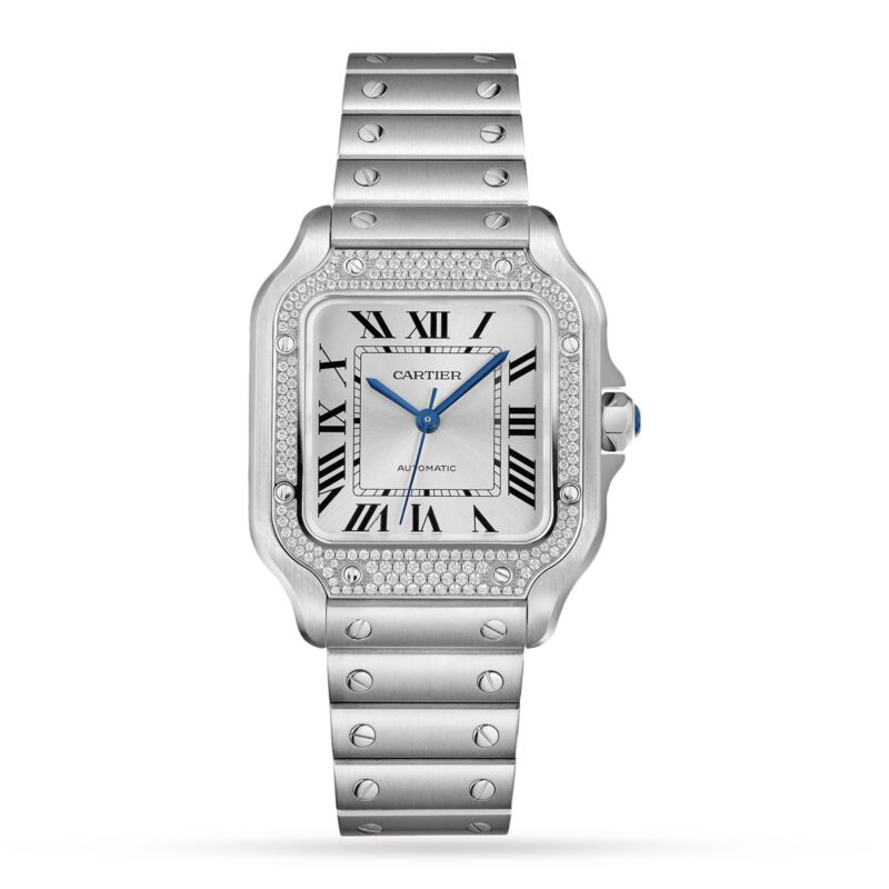 Santos De Cartier Watch - Medium Model, Automatic, Steel, Diamonds, Interchangeable Metal And Leather Bracelets